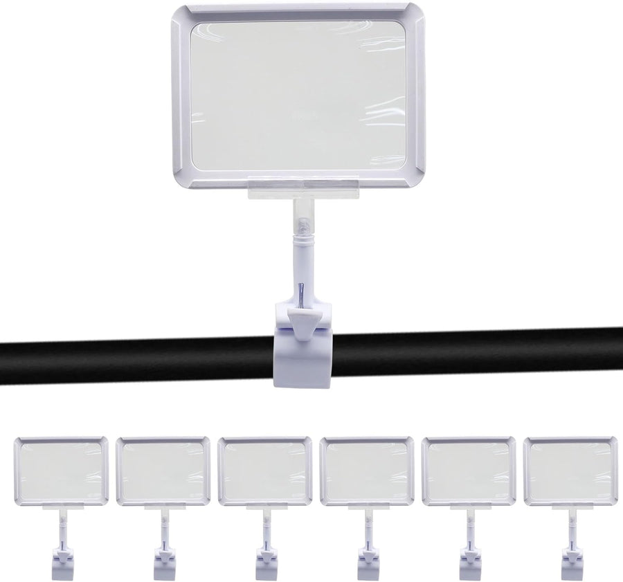 7 Pack White Acrylic Sign Holder with Clamp, 7x9 Inch Double Head Display Clips with Rotating Base and Sign Clip for Clothing, Retail, Boutique Display
