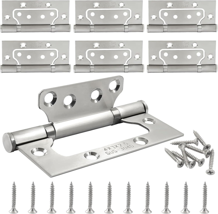 6 Pack Silver Non Mortise Door Hinges, 4"x3" Stainless Steel Bifold Door Hinges Thicken Heavy Duty Interior Gate Hinges with Mounting Screws