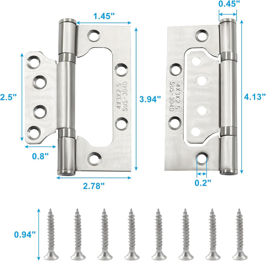 6 Pack Silver Non Mortise Door Hinges, 4"x3" Stainless Steel Bifold Door Hinges Thicken Heavy Duty Interior Gate Hinges with Mounting Screws