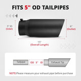 5" to 6" Diesel Exhaust Tip for Trucks, Universal Bolt-On, Black Powder Coated Stainless Steel, 15" Length