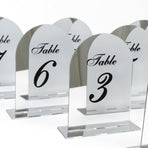 Efavormart Wedding Table Numbers 1-10 – Silver Mirror Arch Acrylic with Black Print & Stands for Elegant Receptions - 6"x7"
