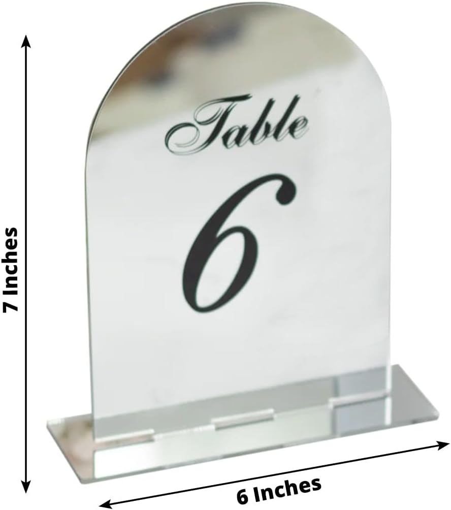Efavormart Wedding Table Numbers 1-10 – Silver Mirror Arch Acrylic with Black Print & Stands for Elegant Receptions - 6"x7"