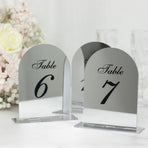 Efavormart Wedding Table Numbers 1-10 – Silver Mirror Arch Acrylic with Black Print & Stands for Elegant Receptions - 6"x7"