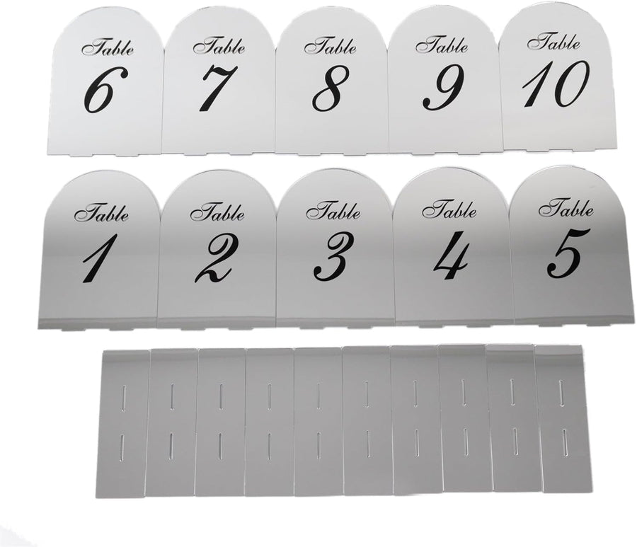 Efavormart Wedding Table Numbers 1-10 – Silver Mirror Arch Acrylic with Black Print & Stands for Elegant Receptions - 6"x7"