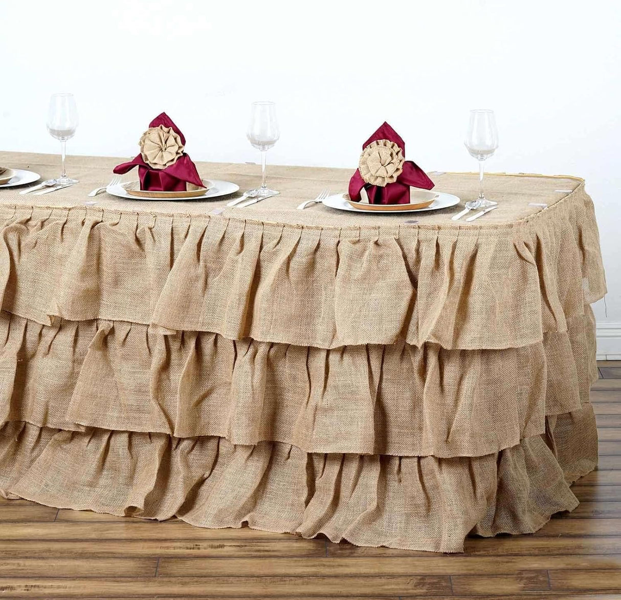 Efavormart 3 Tier Rustic Elegant Ruffled Burlap Table Skirt for Kitchen Dining Catering Wedding Party Decorations Events - 14 Ft