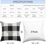 Rustic Buffalo Plaid Pillows with Inserts Set of 2, Retro Cotton Linen Decorative Throw Pillows for Front Porch Patio Decor, Classic Home Decor for Sofa Bed Couch(Black White, 16" x 16")