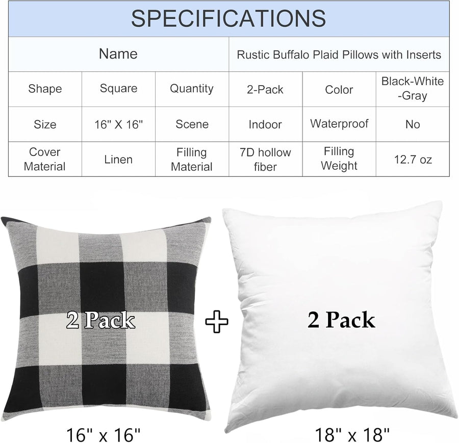 Rustic Buffalo Plaid Pillows with Inserts Set of 2, Retro Cotton Linen Decorative Throw Pillows for Front Porch Patio Decor, Classic Home Decor for Sofa Bed Couch(Black White, 16" x 16")
