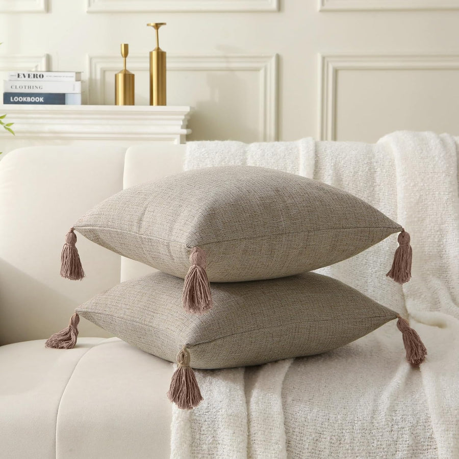 18" x 18" Decorative Throw Pillow with Inserts, Set of 2 Farmhouse Neutral Couch Throw Pillows with Tassels, Square Boho Pillow for Couch, Bed, Sofa Decor (Khaki, 18" x 18"(Pack of 2))