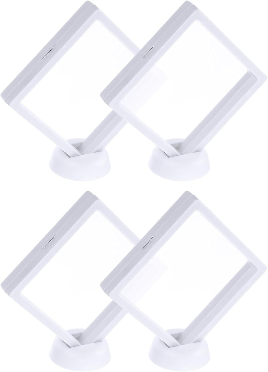 4 Pcs 3D Floating Display Case, 4.33 x 4.33 Inch Floating Frame Display Holder Stand, Transparent PE Jewelry Storage Box, White