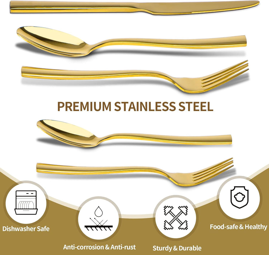 Gold Silverware Set,  40 Piece Stainless Steel Flatware Cutlery Set Service for 8 Luxury Square Tableware Thick Knife Fork Spoon for Home Kitchen Restaurant Wedding, Mirror Polished