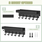 Magnetic Key Holder Wall Mount, Compact Metal Key Rack with Tray, 6 Hooks, 2 Mount Options, Black