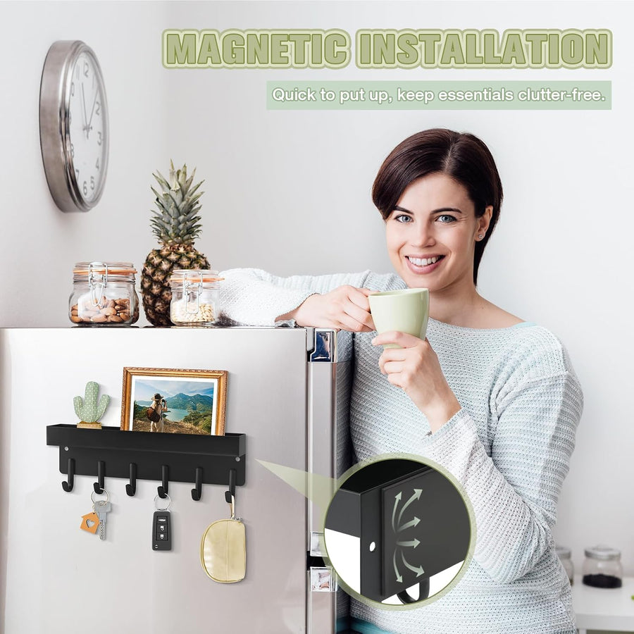 Magnetic Key Holder Wall Mount, Compact Metal Key Rack with Tray, 6 Hooks, 2 Mount Options, Black
