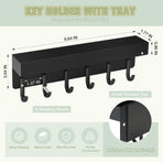 Magnetic Key Holder Wall Mount, Compact Metal Key Rack with Tray, 6 Hooks, 2 Mount Options, Black