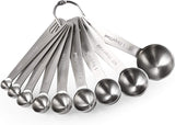 Measuring Spoons:  18/8 Stainless Steel Measuring Spoons Set of 9 Piece: 1/16 TSP, 1/8 TSP, 1/4 TSP, 1/3 TSP, 1/2 TSP, 3/4 TSP, 1 TSP, 1/2 tbsp & 1 tbsp Dry and Liquid Ingredients