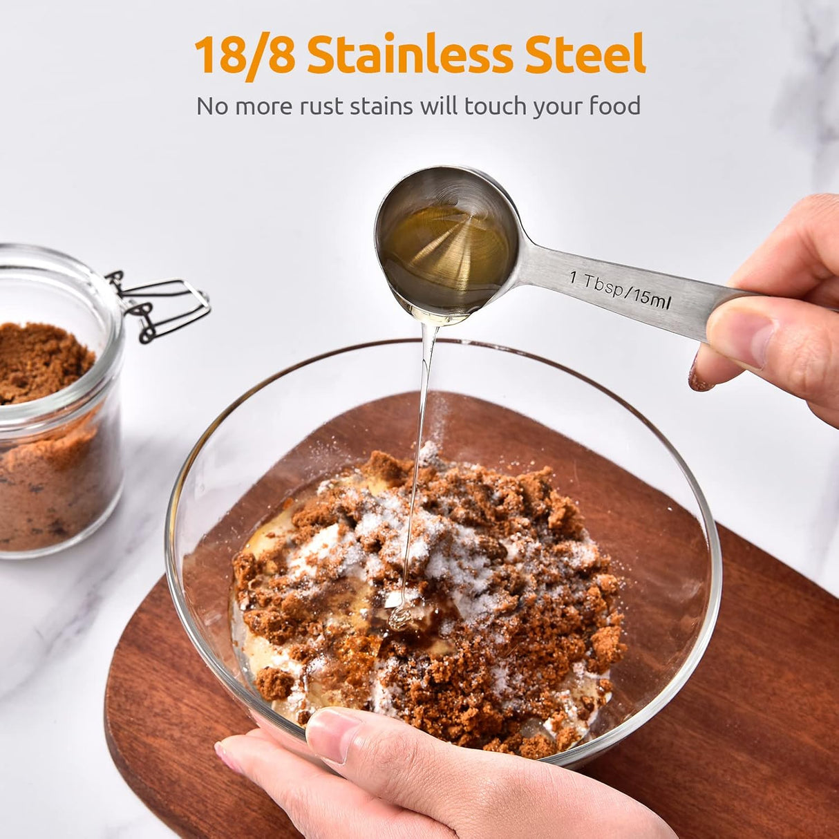 Measuring Spoons:  18/8 Stainless Steel Measuring Spoons Set of 9 Piece: 1/16 TSP, 1/8 TSP, 1/4 TSP, 1/3 TSP, 1/2 TSP, 3/4 TSP, 1 TSP, 1/2 tbsp & 1 tbsp Dry and Liquid Ingredients