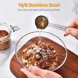 Measuring Spoons:  18/8 Stainless Steel Measuring Spoons Set of 9 Piece: 1/16 TSP, 1/8 TSP, 1/4 TSP, 1/3 TSP, 1/2 TSP, 3/4 TSP, 1 TSP, 1/2 tbsp & 1 tbsp Dry and Liquid Ingredients