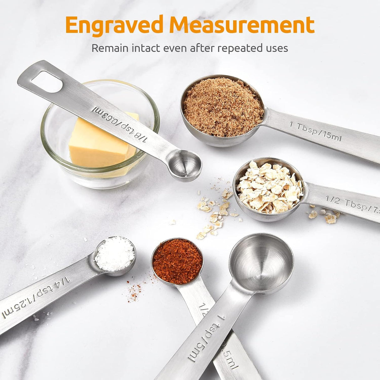 Measuring Spoons:  18/8 Stainless Steel Measuring Spoons Set of 9 Piece: 1/16 TSP, 1/8 TSP, 1/4 TSP, 1/3 TSP, 1/2 TSP, 3/4 TSP, 1 TSP, 1/2 tbsp & 1 tbsp Dry and Liquid Ingredients