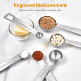 Measuring Spoons:  18/8 Stainless Steel Measuring Spoons Set of 9 Piece: 1/16 TSP, 1/8 TSP, 1/4 TSP, 1/3 TSP, 1/2 TSP, 3/4 TSP, 1 TSP, 1/2 tbsp & 1 tbsp Dry and Liquid Ingredients