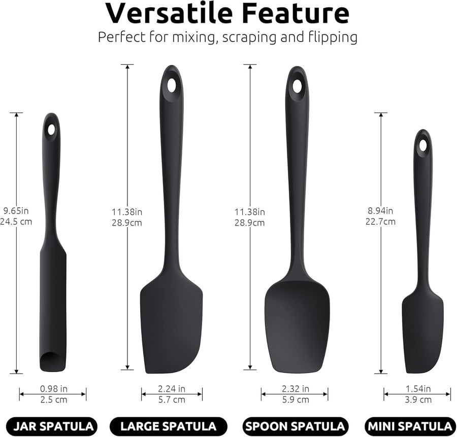 600ºF Heat Resistant Silicone Spatulas: Flexible Food-Grade Silicon Baking Scraper, Kitchen Cooking Mixing Utensils with Upgraded Sturdy Handle Tip for Nonstick Cookware (4-Pc., Black)