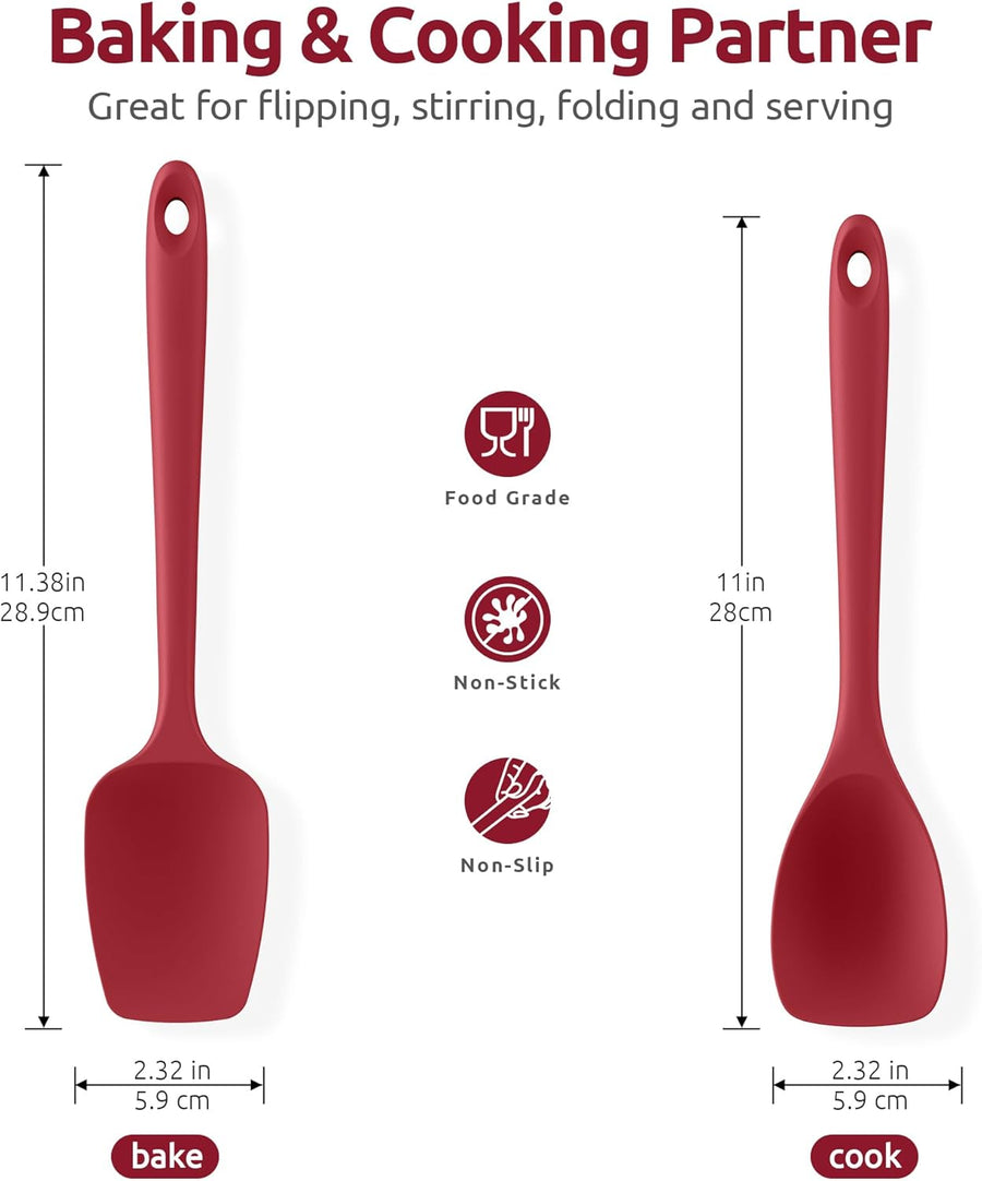 600ºF Heat Resistant Silicone Spoons:  Flexible Baking Spoon Spatula & Cooking Scoop Spoonula, Seamless Soft Kitchen Utensils for Serving, Scraping, Scooping in Non-Stick Cookware (Red)