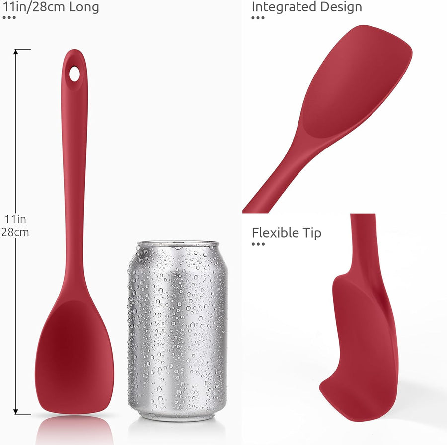 600ºF Heat Resistant Silicone Spoons:  Flexible Baking Spoon Spatula & Cooking Scoop Spoonula, Seamless Soft Kitchen Utensils for Serving, Scraping, Scooping in Non-Stick Cookware (Red)