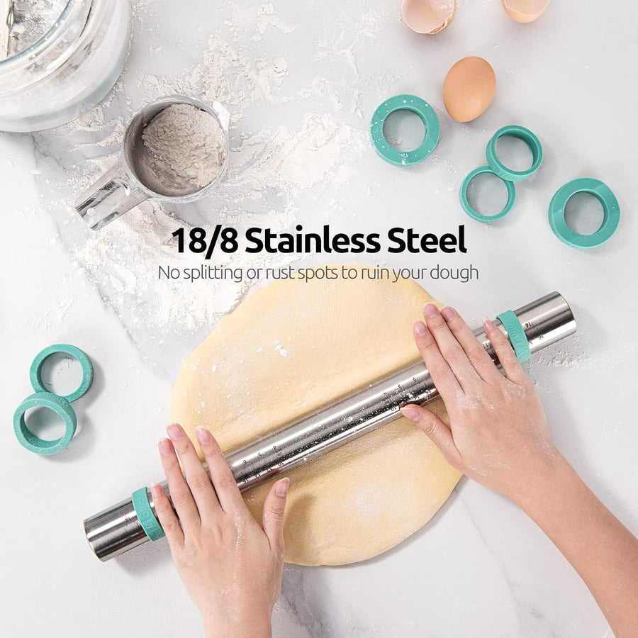 18/8 Stainless Steel 16 inch Adjustable Rolling Pin with Silicone Removable Thickness Rings, Nonstick Kitchen Roller Pin for Baking Cookies Pastry Pizza Pasta Dough Fondant (Teal/Aqua Sky)