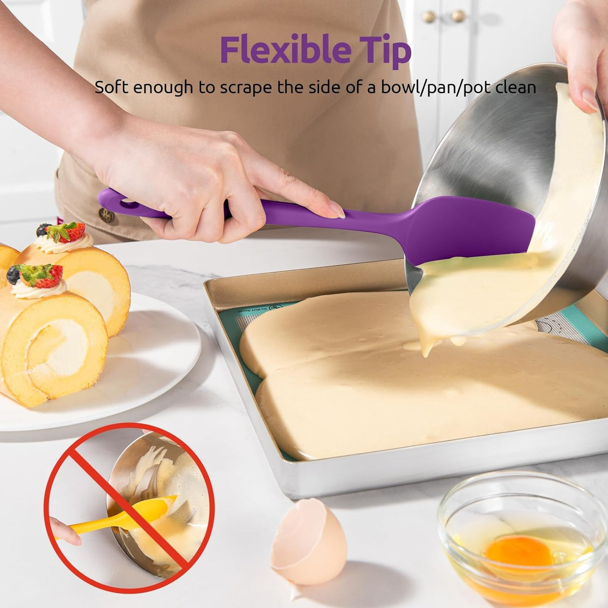 600ºF Heat Resistant Silicone Spatulas: Kitchen Cooking Mixing Utensils (4PCS, Purple) and 8"+10"+12" Kitchen Cooking Tweezer: 18/8 Stainless Steel Food-Grade Metal Food Tong (Pointed Tip)
