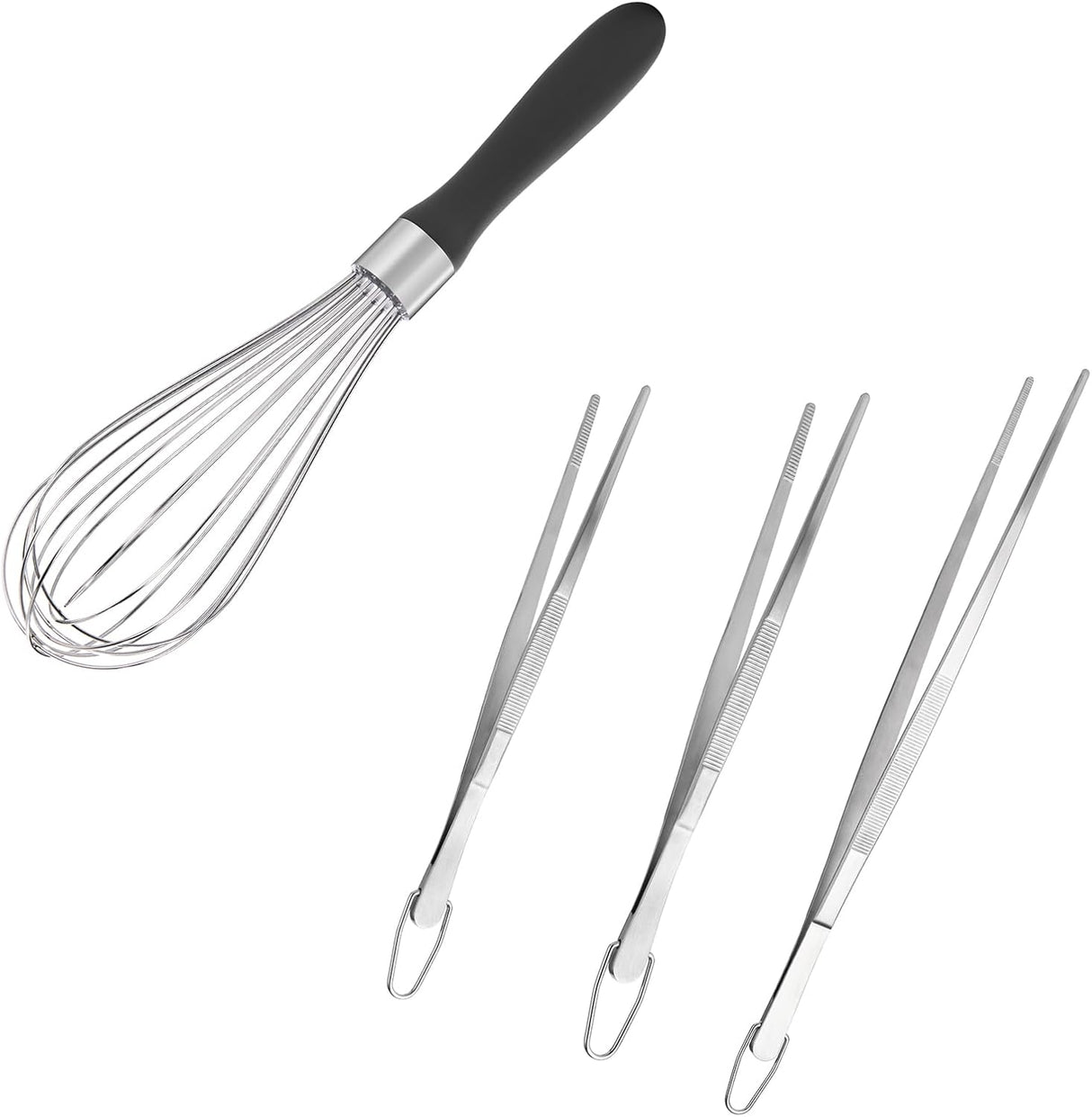 Balloon Whisk for Cooking: 18/10 Stainless Steel Medium Kitchen Wire Whisk (Black) and 8"+10"+12" Kitchen Tweezer: 18/8 Stainless Steel Food-Grade Metal Food Tong (Pointed Tip)