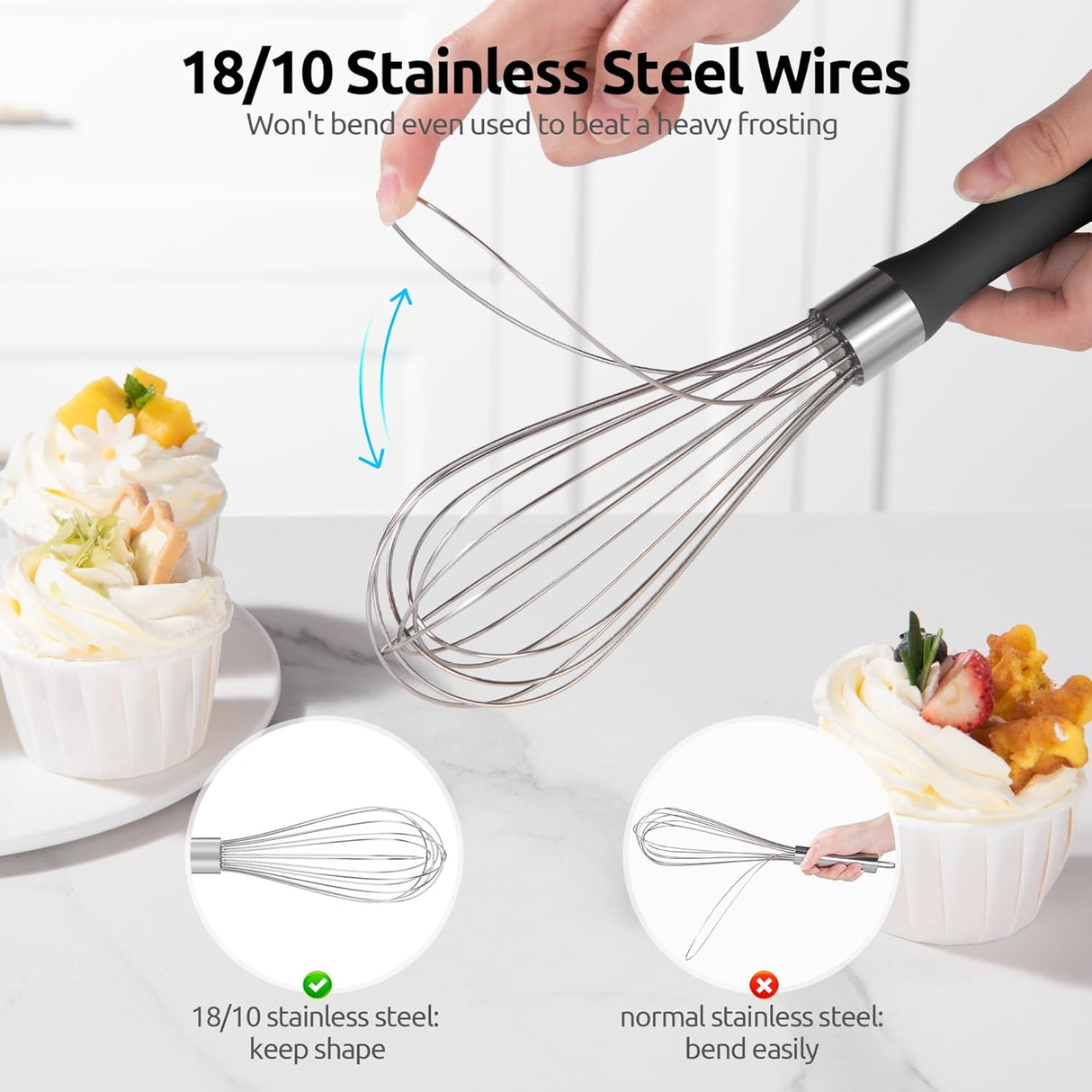 Balloon Whisk for Cooking: 18/10 Stainless Steel Medium Kitchen Wire Whisk (Black) and 8"+10"+12" Kitchen Tweezer: 18/8 Stainless Steel Food-Grade Metal Food Tong (Pointed Tip)