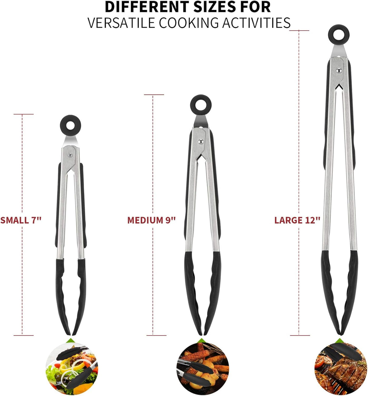 600ºF Heat Resistant 7/9/12 inches Silicone Cooking Tongs with Non Stick Rubber Tips (Black) and 8"+10"+12" Kitchen Tweezer Set: 18/8 Stainless Steel Food-Grade Metal Food Tong (Pointed Tip)