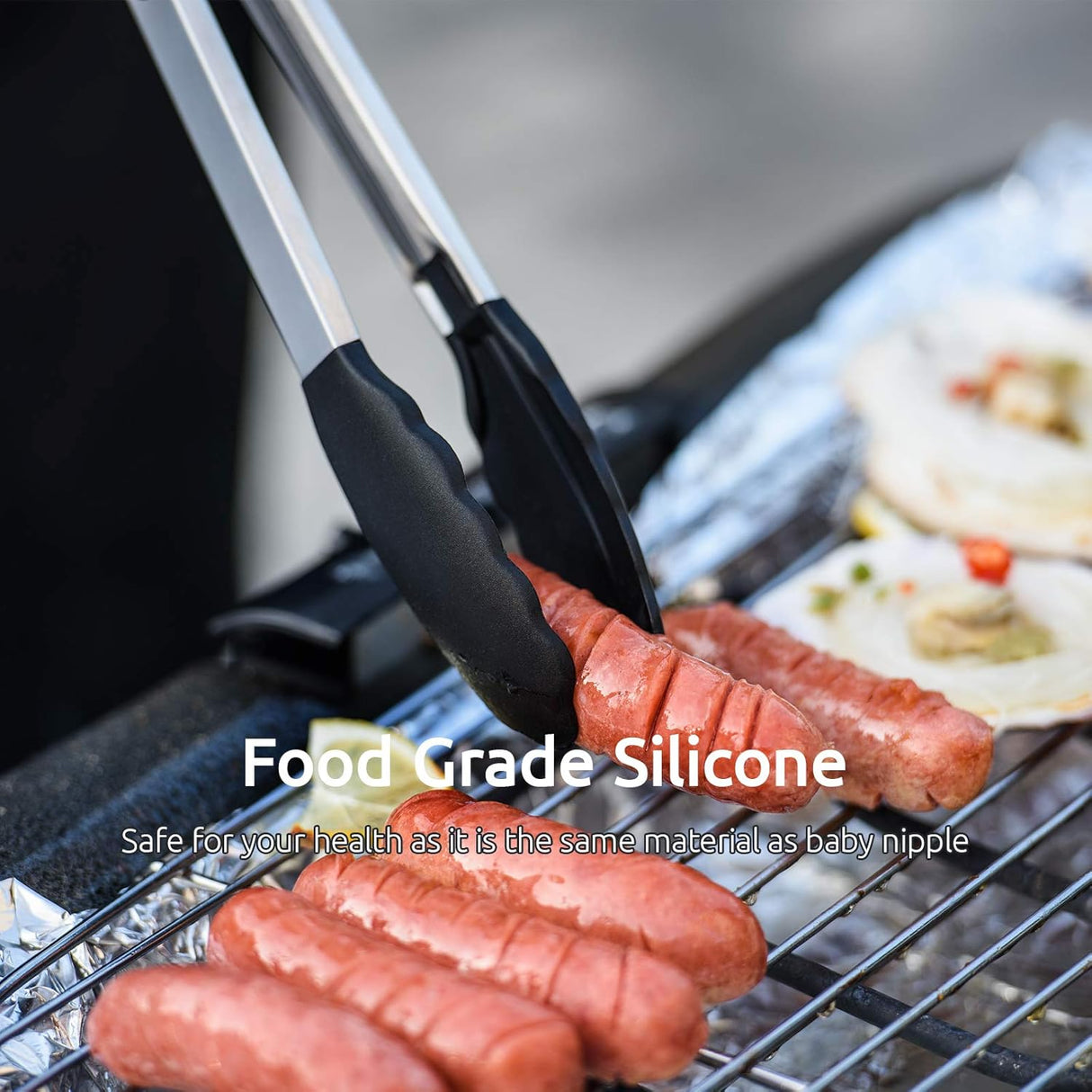 600ºF Heat Resistant 7/9/12 inches Silicone Cooking Tongs with Non Stick Rubber Tips (Black) and 8"+10"+12" Kitchen Tweezer Set: 18/8 Stainless Steel Food-Grade Metal Food Tong (Pointed Tip)