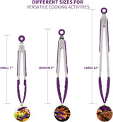 600ºF Heat Resistant 7/9/12 inches Silicone Cooking Tongs with Non Stick Rubber Tips (Purple) and 8