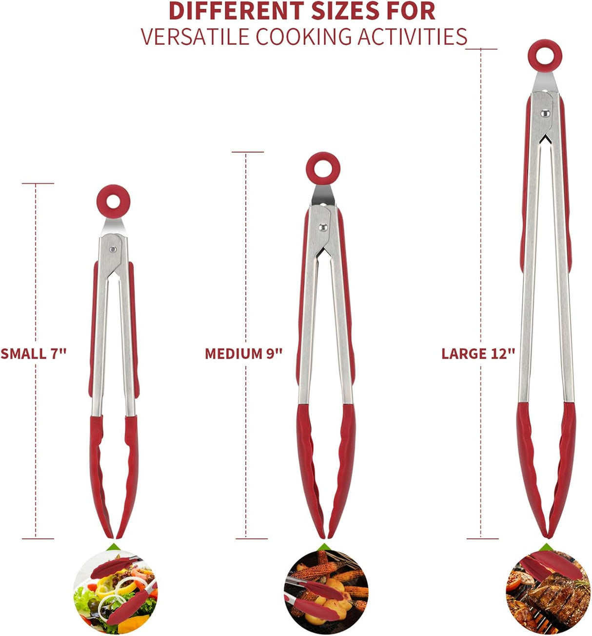 600ºF Heat Resistant 7/9/12 inches Silicone Cooking Tongs with Non Stick Rubber Tips (Red) and 8"+10"+12" Kitchen Tweezer Set: 18/8 Stainless Steel Food-Grade Metal Food Tong (Pointed Tip)