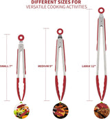 600ºF Heat Resistant 7/9/12 inches Silicone Cooking Tongs with Non Stick Rubber Tips (Red) and 8"+10"+12" Kitchen Tweezer Set: 18/8 Stainless Steel Food-Grade Metal Food Tong (Pointed Tip)
