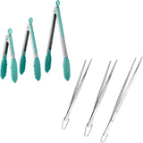 600ºF Heat Resistant 7/9/12 inches Silicone Cooking Tongs with Non Stick Rubber Tips (Aqua Sky) and 8