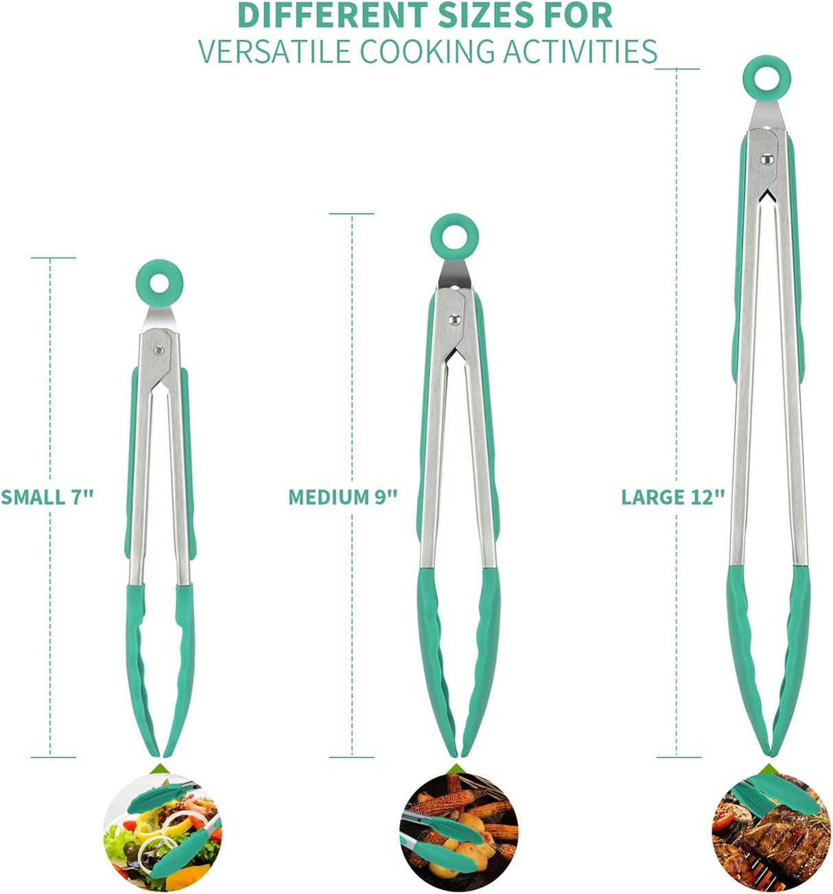 600ºF Heat Resistant 7/9/12 inches Silicone Cooking Tongs with Non Stick Rubber Tips (Aqua Sky) and 8"+10"+12" Kitchen Tweezer Set:18/8 Stainless Steel Food-Grade Metal Food Tong (Pointed Tip)