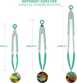 600ºF Heat Resistant 7/9/12 inches Silicone Cooking Tongs with Non Stick Rubber Tips (Aqua Sky) and 8"+10"+12" Kitchen Tweezer Set:18/8 Stainless Steel Food-Grade Metal Food Tong (Pointed Tip)