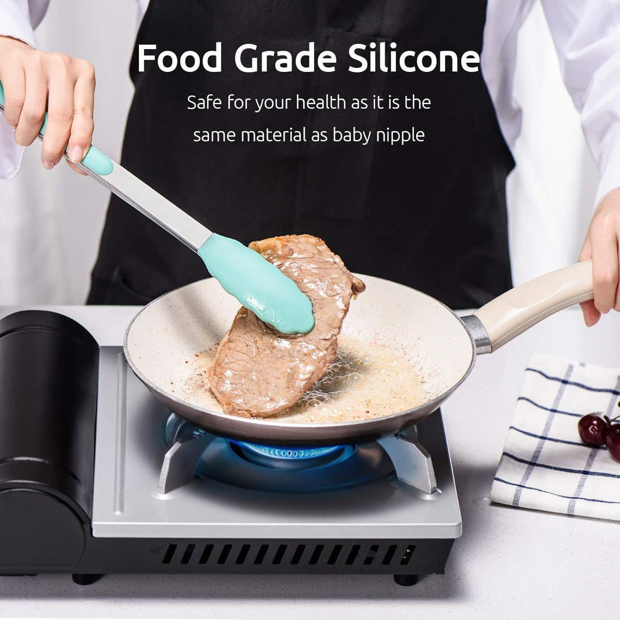 600ºF Heat Resistant 7/9/12 inches Silicone Cooking Tongs with Non Stick Rubber Tips (Aqua Sky) and 8"+10"+12" Kitchen Tweezer Set:18/8 Stainless Steel Food-Grade Metal Food Tong (Pointed Tip)