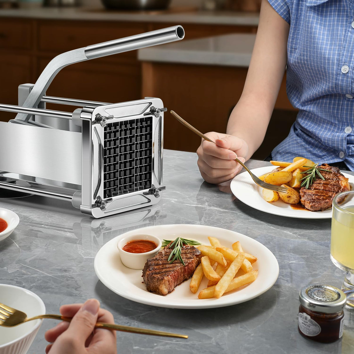 French Fry Cutter,  Professional Stainless Steel Potato Cutter with 1/2", 1/4", 3/8" & Wedge Blades for Potatoes, Carrots, Apples