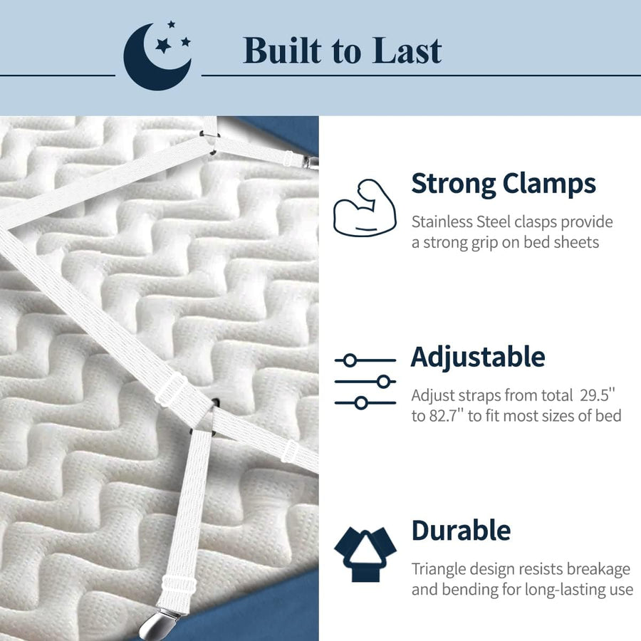 8+2 Pieces Bed Sheet Holder Straps Bed Sheet Fasteners Suspenders Holder Straps Adjustable Crisscross Elastic Band Fitted Sheets Corner Straps Grippers Clip, White