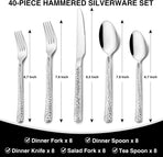Hammered Silverware Set, 40-Piece Stainless Steel Square Flatware Set for 8, Food-Grade Tableware Cutlery Set, Utensil Sets for Home Restaurant, Mirror Finish, Dishwasher Safe
