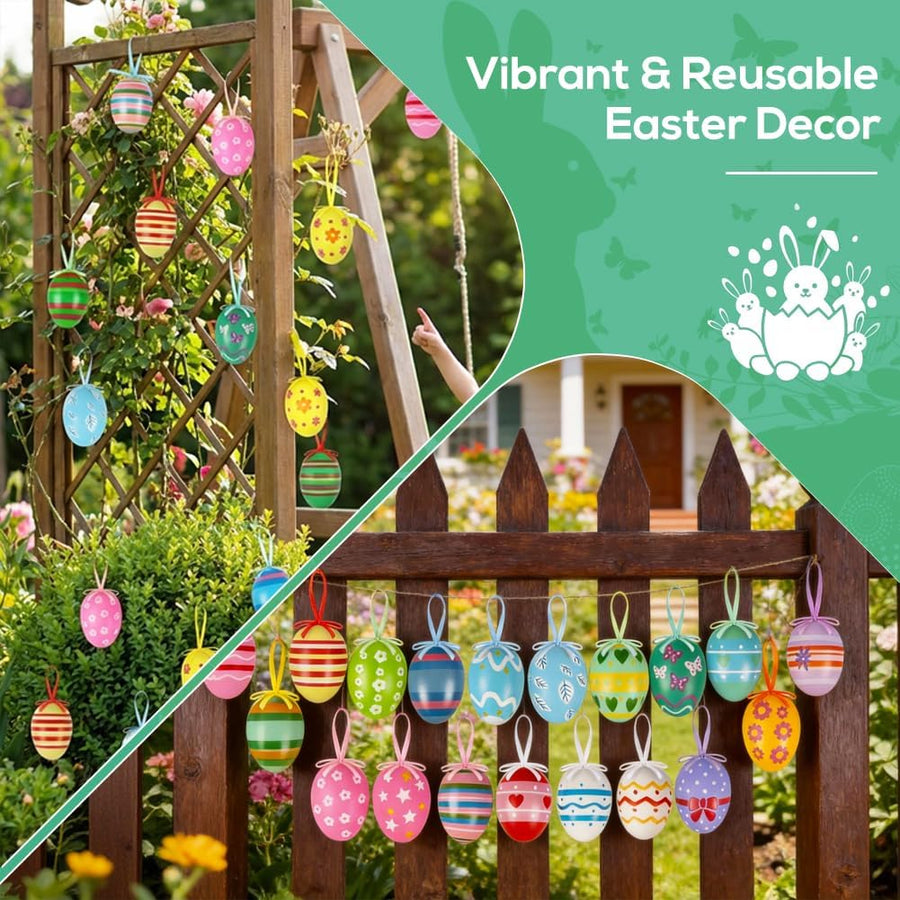 24PCS Hanging Easter Eggs – Reusable Plastic Easter Egg Decorations for Tree Ornaments, Basket, Party & Home Decor (5g Each, 4cm x 6cm)