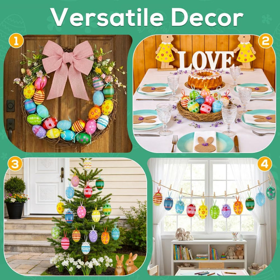 24PCS Hanging Easter Eggs – Reusable Plastic Easter Egg Decorations for Tree Ornaments, Basket, Party & Home Decor (5g Each, 4cm x 6cm)