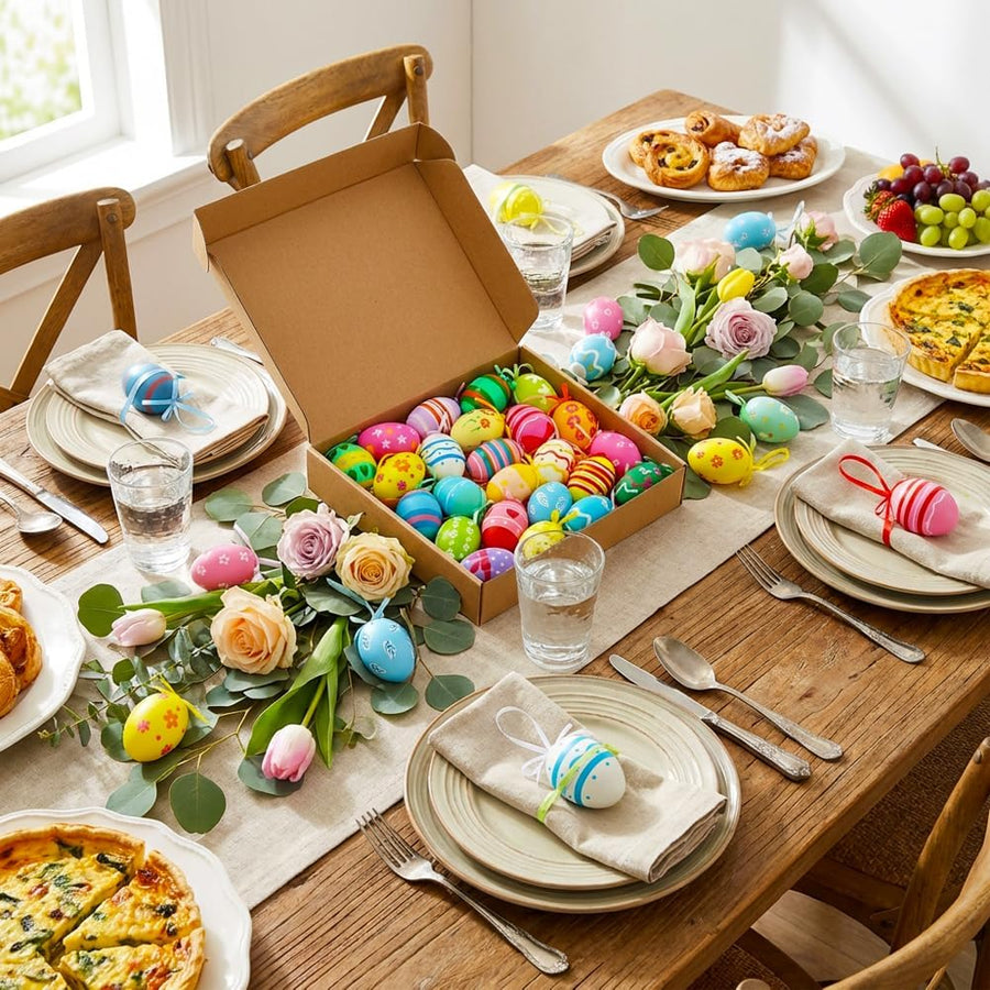 24PCS Hanging Easter Eggs – Reusable Plastic Easter Egg Decorations for Tree Ornaments, Basket, Party & Home Decor (5g Each, 4cm x 6cm)