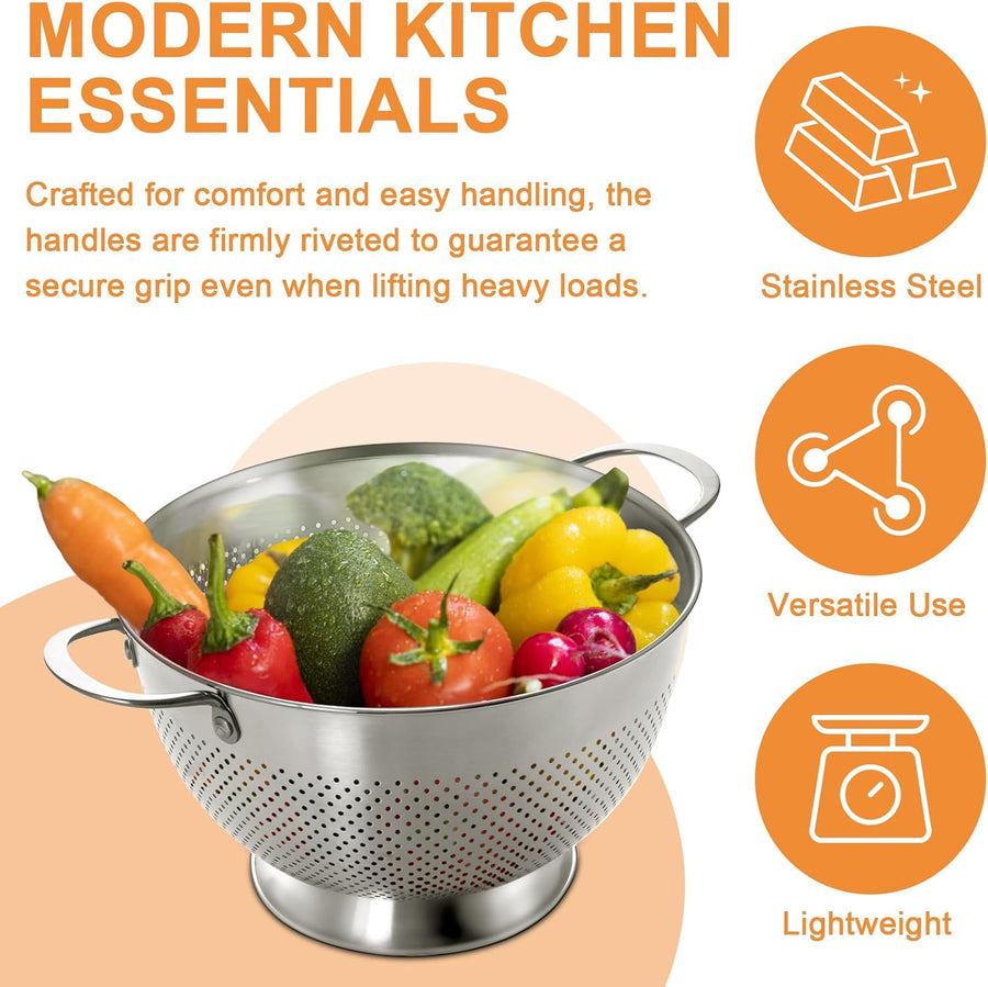 Stainless Steel Colander for Kitchen | 5 Quart Durable Rice and Pasta Strainer with Handle | Oversized Handles | Nesting Design | Rust-Resistant & Dishwasher Safe