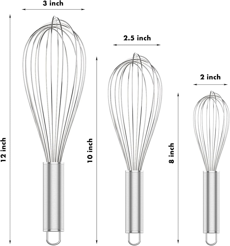 304 Stainless Steel Whisk Set & Danish Dough Whisk, 3 Pack Professional Kitchen Whisks, Metal Whisks for Blending, Beating, Mixing Dough