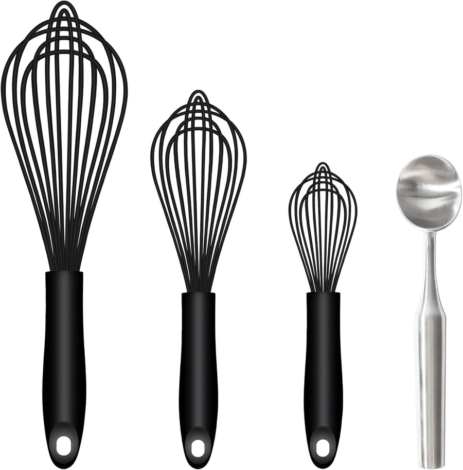Silicone Whisk & Stainless Steel Ice Cream Scoop Set, Kitchen Essentials for Cooking and Desserts