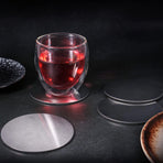 Cup Coasters,  Cup Coasters Set with Decorative Rack, Stainless Steel Tabletop Display Round Cup Coaster with Holder, Silver, Set of 4