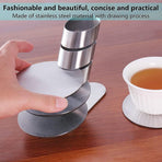 Cup Coasters,  Cup Coasters Set with Decorative Rack, Stainless Steel Tabletop Display Round Cup Coaster with Holder, Silver, Set of 4