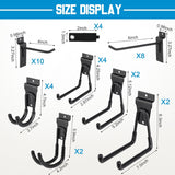 Landhoow 36 Pcs Slatwall Hooks & Hangers 32 Pcs Heavy Duty Slat Wall Hanging Hooks with 4 Pcs Storage Straps Assortment Slatwall Accessories for Storage Garage Wall Organization Garden Home (Black) - Front View